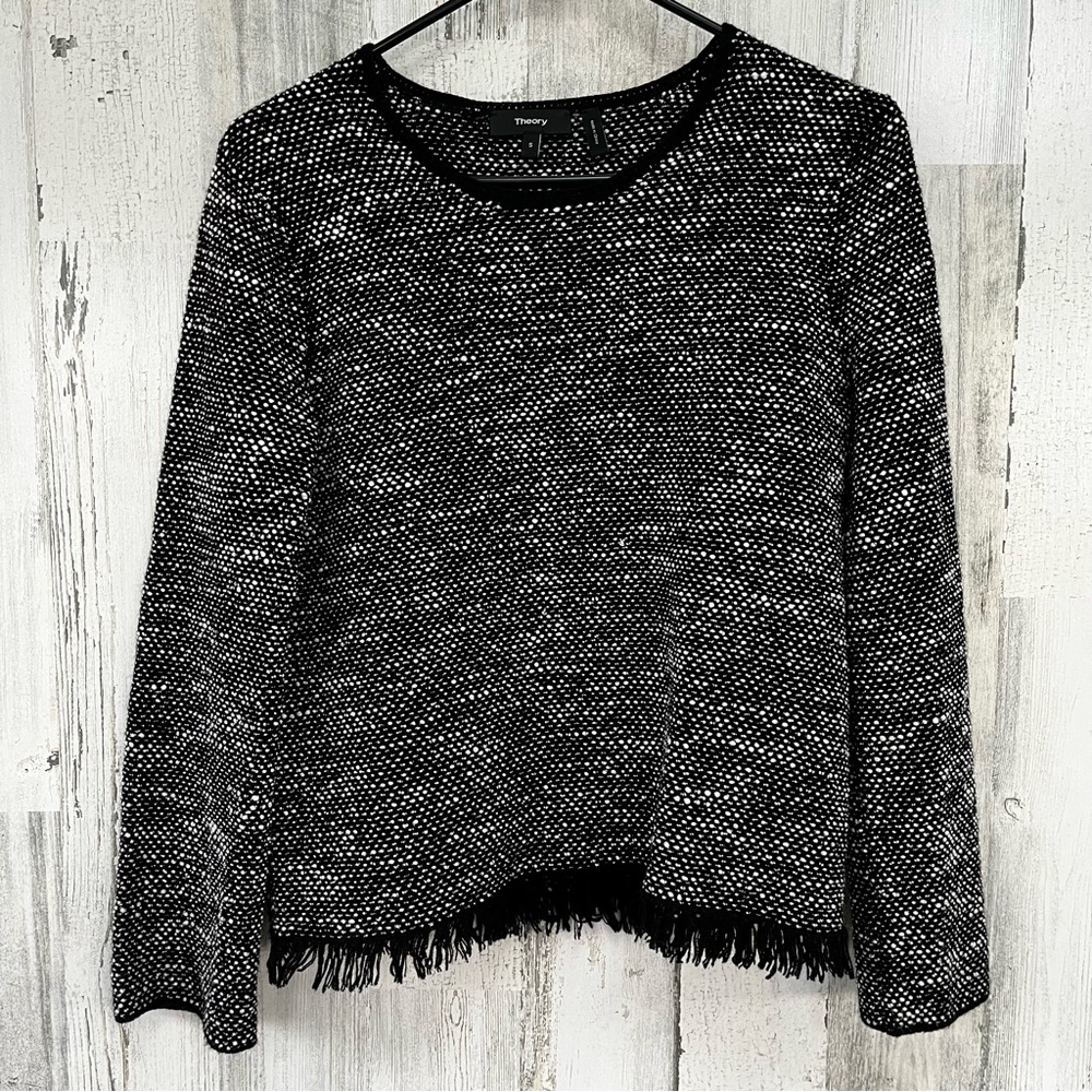 THEORY Vendla Black White Tweed Fringe Sweater Top S